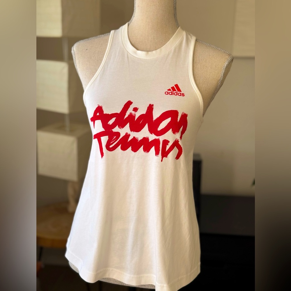 Adidas Women's White and Red Graphic Tennis Tank Top, S, Very Good